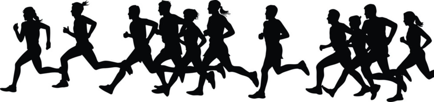 Group of running people silhouettes, marathon runners in motion, fitness jogging activity, athletic training concept isolated on white background vector illustration