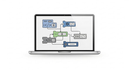 Fototapeta premium Laptop displaying a complex flowchart on its screen with various colored boxes and lines on a white background for business and technology concepts