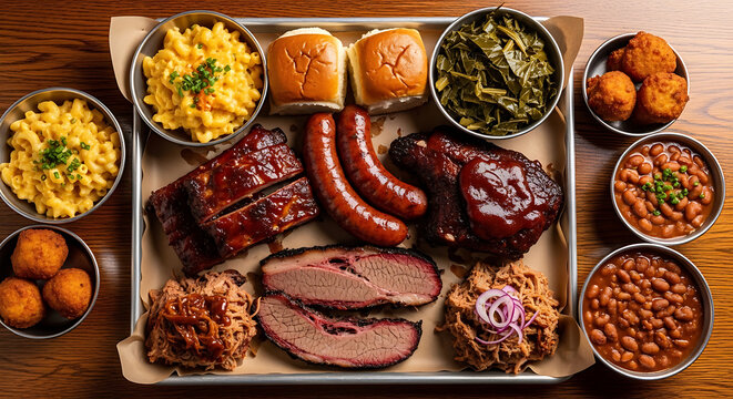 A mouthwatering spread of various barbecue meats and side dishes on a table