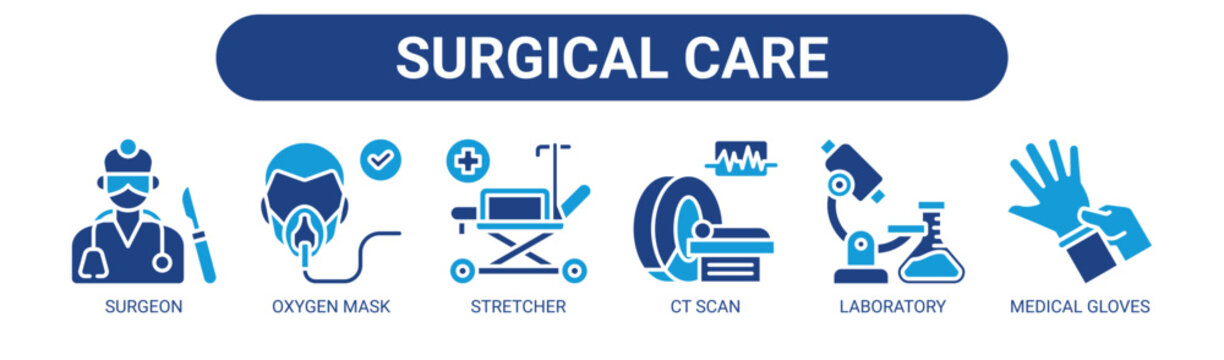 Surgical Care web banner icon vector illustration concept with icons of surgeon, oxygen mask, stretcher, CT scan, laboratory, and medical gloves.
