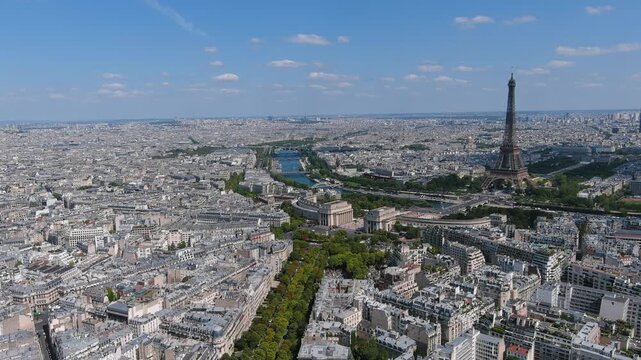 Aerial view of Paris, city skyline with iconic Eiffel Tower, France, Europe