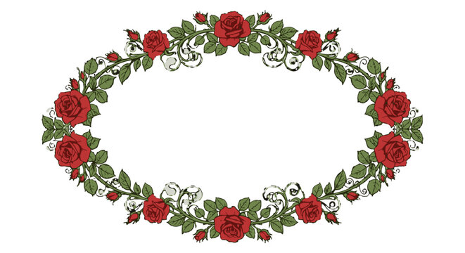 a floral wreath with red roses and green leaves.