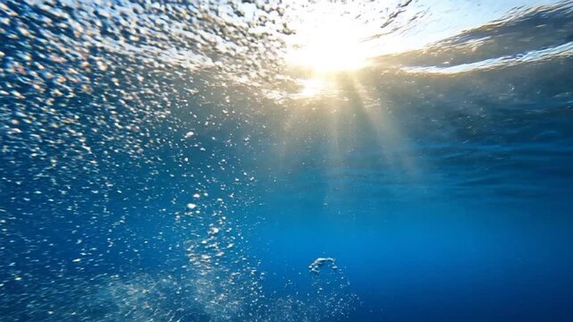 Sunlight streams through the clear blue ocean water, illuminating rising bubbles and creating a serene underwater atmosphere