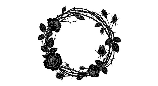 Black floral wreath with roses and leaves.