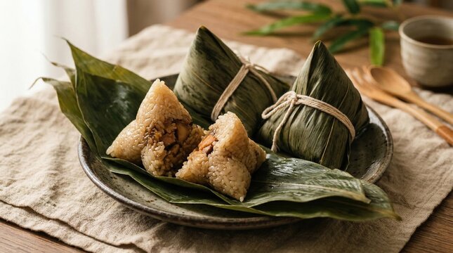 Celebration of Dragon Boat Festival with zongzi rice dumplings served