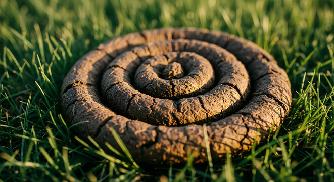 Close-up of spiral cow dung on green grass in natural setting