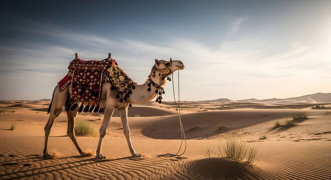 Camel walking on sandy desert landscape.