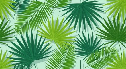 Fototapeta premium Tropical palm leaves on a light blue background, with a gradient effect, creating a seamless pattern. 