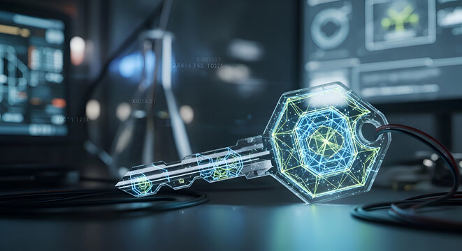 Glowing digital key with circuit board.