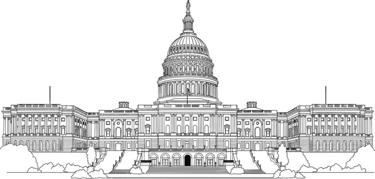 Highly detailed black and white line art vector illustration of the United States Capitol Building in Washington DC.