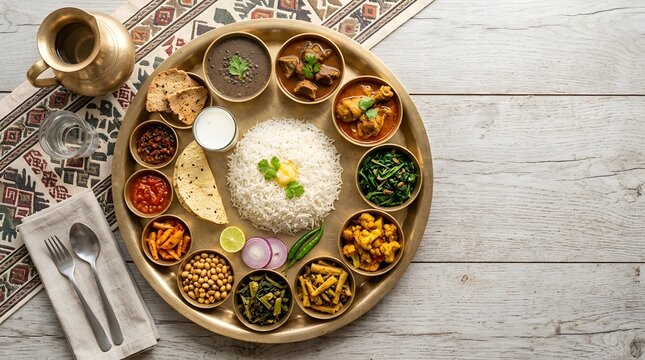Large Nepali thali combining dal bhat and Thakali dishes, rich variety of food, top-down, bright background.