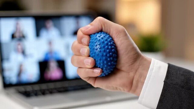 Businessman Squeezing Stress Ball During Intense Virtual Meeting for Anxiety Relief