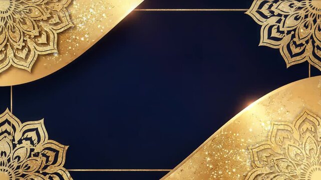 Luxurious gold floral pattern on dark blue background with copy space, elegant template for design and decoration