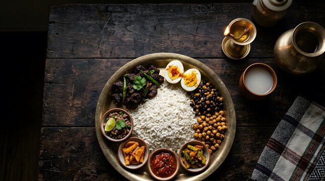 Traditional Newari khaja set with beaten rice, fried meat, eggs, pickles, artistic cultural layout.