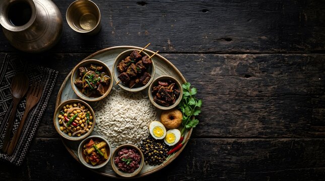 Traditional Newari khaja set with beaten rice, fried meat, eggs, pickles, artistic cultural layout, top-down view, dark rustic background