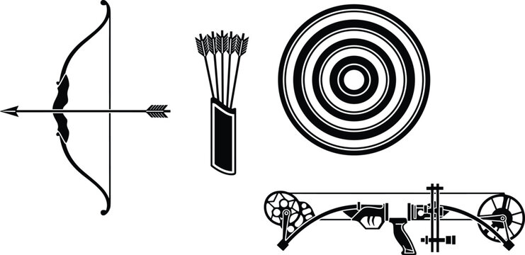 Archery bow silhouette, compound bow vector, traditional bow icon, quiver with arrows, archery target design, sport equipment, precision, competition