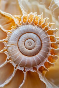 Macro photograph of a spirl-shaped sea shell with inricate natural ridges and arm beige-orange tones. Clse-up of spiral sea shell exture with natural patter