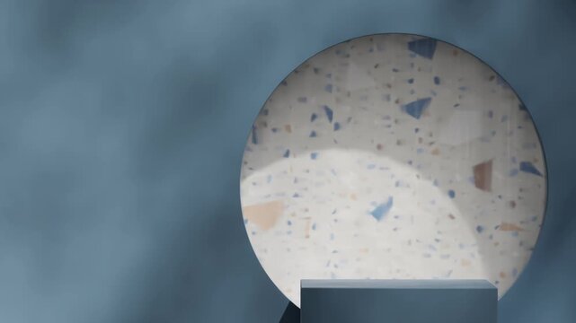 blue textured podium seamless loop shadow animation with terrazzo circle hole background, 3d video render blank mockup