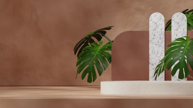 3d footage render scene mockup of green textured podium seamless loop shadow animation with anthurium plant and rocks