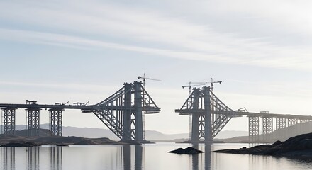 Fototapeta premium Majestic bridge halves slowly taking shape over still waters landscape
