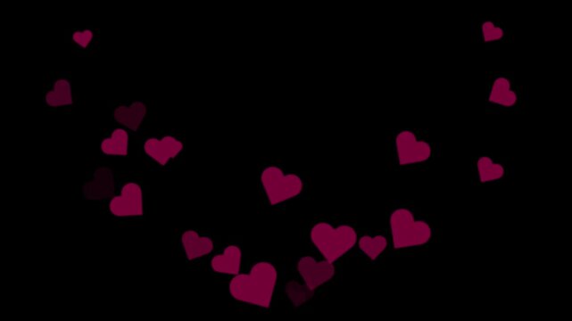 Dark red floating heart particles swirling in loop creating romantic animation on black background seamless