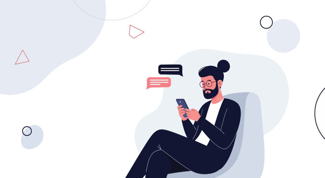 Man with bun hairstyle texting on smartphone, sitting in armchair, abstract background