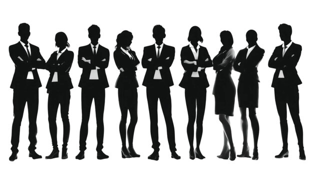 Large group of ten diverse business professionals, featuring men and women, stand in dark, crisp silhouettes with their arms folded, symbolizing a strong corporate team and unified workforce on a.