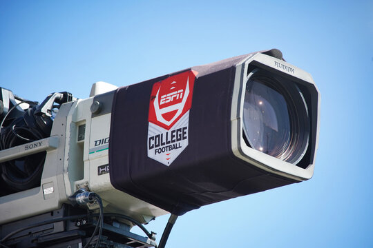 An ESPN camera films during an college football game on West Point, New York in October 19, 2024.