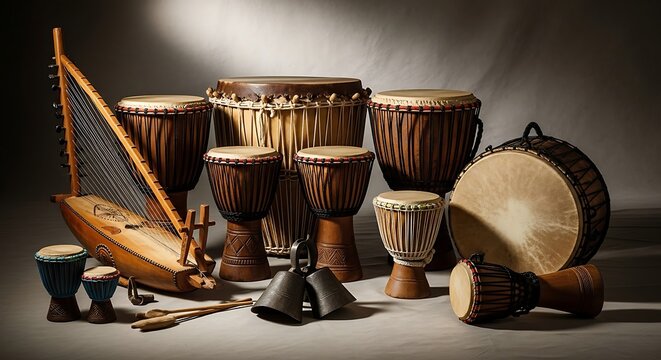Traditional African musical instruments, featuring djembe drums, a kora, and various percussion, symbolizing the continent's rich cultural rhythms