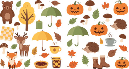 Fototapeta premium Autumn Collection with Pumpkins Leaves Animals Umbrellas and Cozy Fall Elements Cartoon Set Seasonal Nature Illustration Isolated on White Background