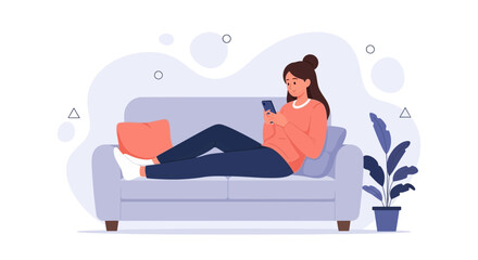 Fototapeta premium Woman Relaxing on Sofa with Smartphone, Cozy Home Illustration