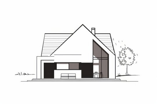 Architectural house line drawing minimal simple outline vector home design black white clean background