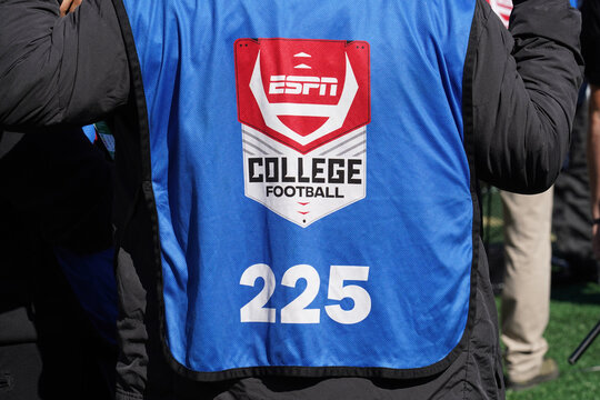 A camera man wears an ESPN College Football apron while working an Army Black Knights football game in West Point, New York on October 19, 2024.