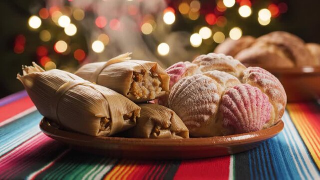 Steaming hot traditional corn masa parcels wrapped in husks and sweet shell-shaped pastries served on a festive table with blurred lights