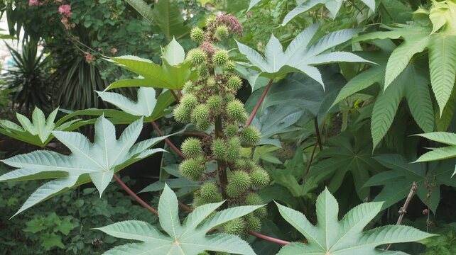 Green castor bean plant with spiky seed pods in garden