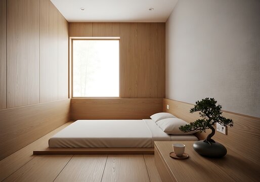 Serene minimalist bedroom with wooden walls and futon bed