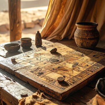 Ancient Egyptian Senet Game Board and Pieces on a Wooden Table.