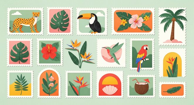 Tropical Postage Stamps Collection Vector Illustration: Exotic Wildlife, Flora, and Fauna for Travel and Nature Themed Designs