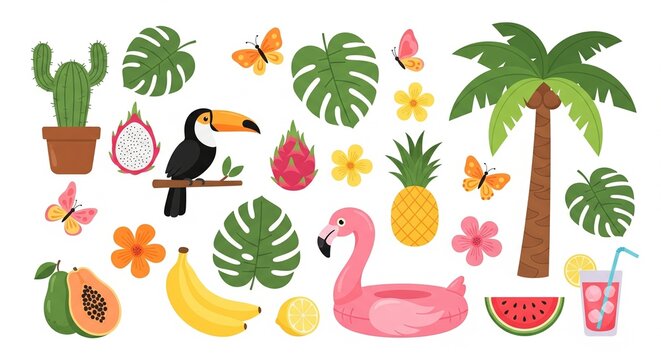 Tropical Summer Elements Vector Illustration: Exotic Fruits, Flamingo, Toucan, Palm Tree, Flowers, Butterflies for Vacation and Holiday Design