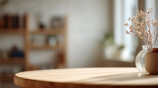 Empty tabletop as the main subject suggesting daily routine simplicity, softly blurred background with neutral home tones, gentle daylight illumination creating a soft inviting feel, centered shot wit
