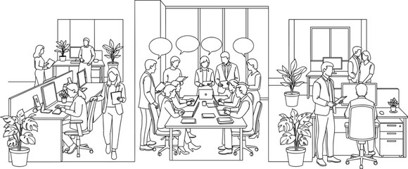 Obraz premium Modern Office Workspace Scene with Professional People Working at Desks and Meeting in a Corporate Business Environment Vector