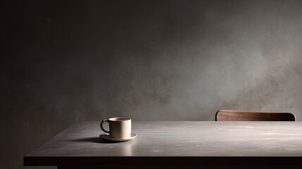 Empty tabletop as the main subject symbolizing open narrative potential, background fading into a dark neutral space, controlled low-key lighting emphasizing emptiness and depth, top-down shot with a 