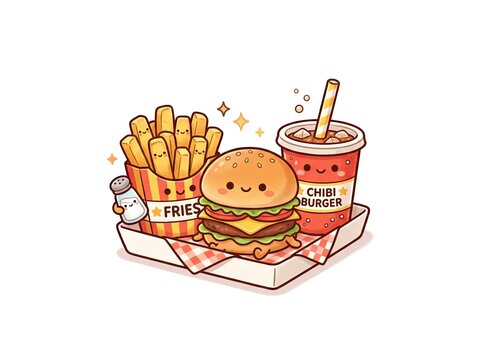 chibi fast food combo white background
