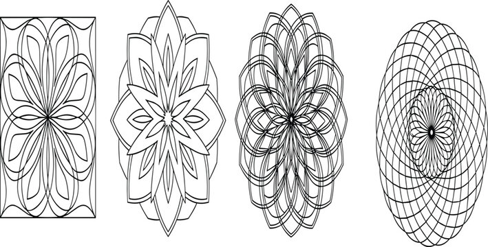 Abstract geometric mandala line art vector collection with floral symmetry spirograph patterns ornamental shapes minimal outline decorative design set