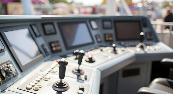 Industrial control panel with joysticks and monitors.