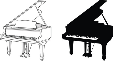 Grand piano line drawing and silhouette illustration, classical musical instrument vector isolated, elegant keyboard music equipment design for orchestra and performance © Liton Roy