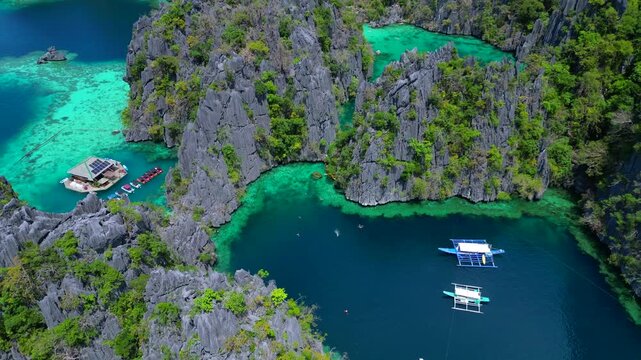 Palawan cliffs, Philippines boat, turquoise water. Perfect aerial view drone