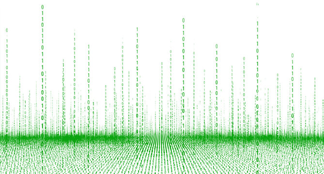 Binary code cascades in green matrix rain pattern, flowing cyber data streams creating futuristic hacker interface on dark digital background. Transparent background SVG version.
