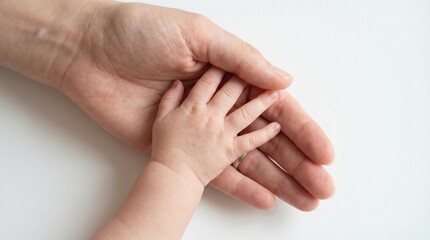 Fototapeta premium Adult hand gently cradling a babys tiny hand symbolizing care and protection.