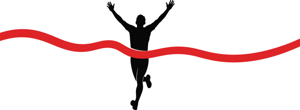 Silhouette, of, male, runner, crossing, red, finish, line, tape, arms, raised, in, victory, celebrating, marathon, success, winning, race, isolated, background.